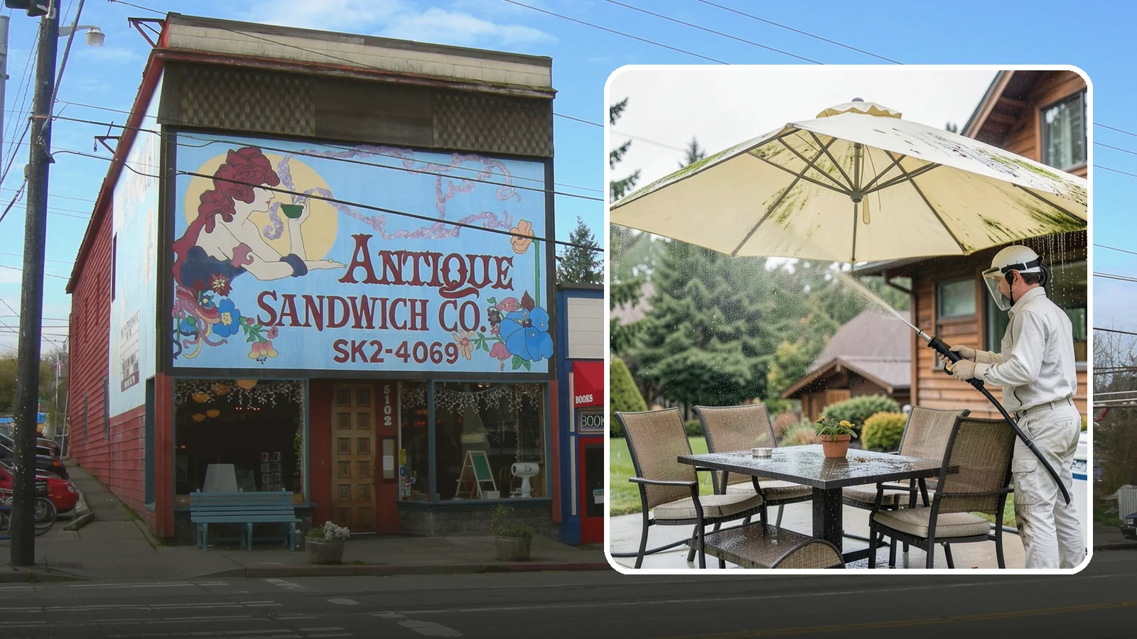 Umbrella Cleaning in Ruston, Pierce County, WA - We clean patio umbrella canopies and frames to strip out the moss spotting and bird mess that collect over a long rainy season.