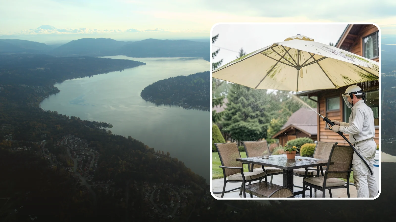 Umbrella Cleaning in Sammamish, King County, WA - We clean patio umbrella canopies and frames to strip out the moss spotting and bird mess that collect over a long rainy season.