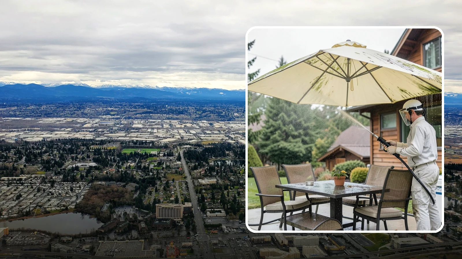 Umbrella Cleaning in SeaTac, King County, WA - We clean patio umbrella canopies and frames to strip out the moss spotting and bird mess that collect over a long rainy season.