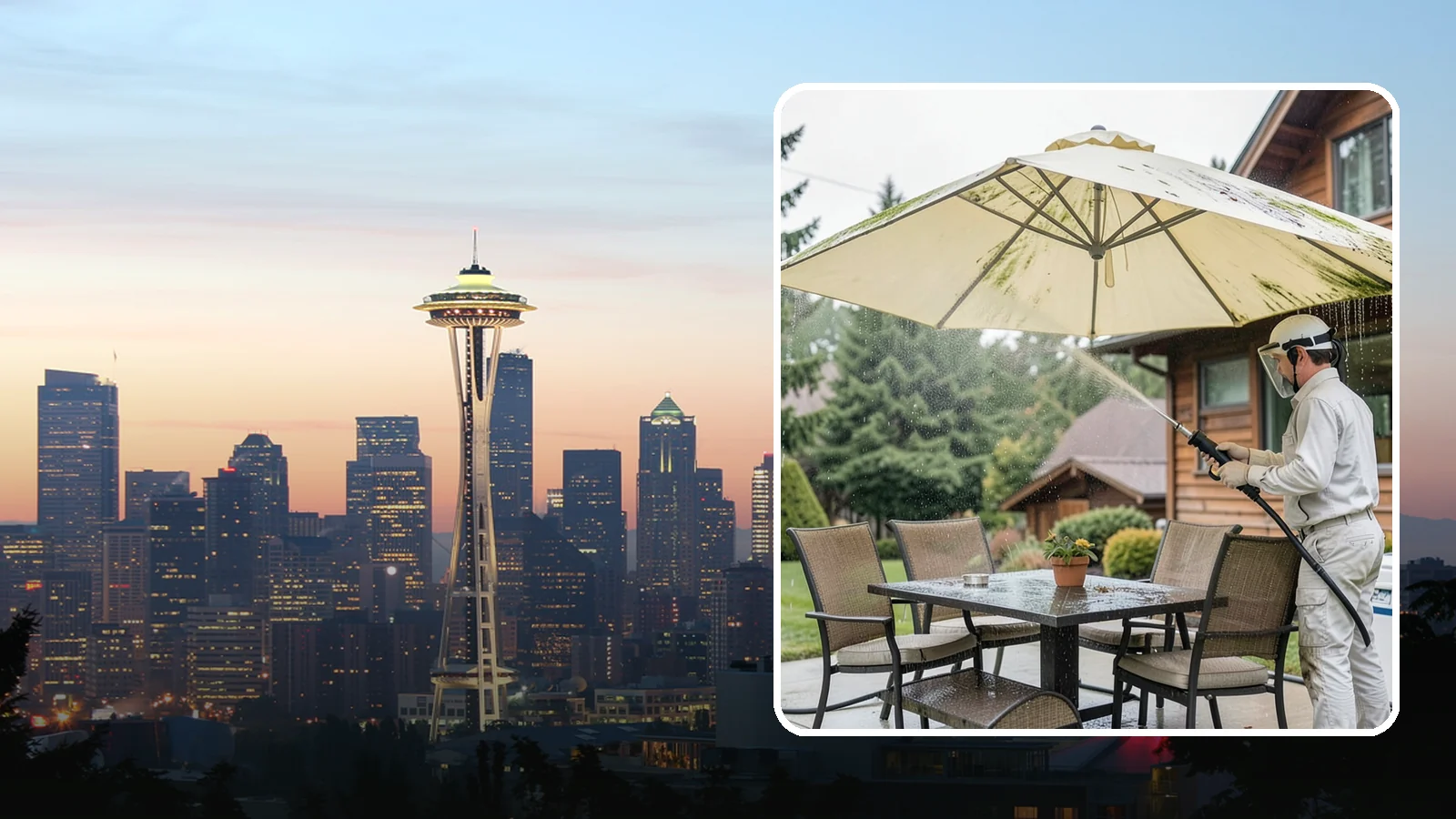 Umbrella Cleaning in Seattle, King County, WA - We clean patio umbrella canopies and frames to strip out the moss spotting and bird mess that collect over a long rainy season.