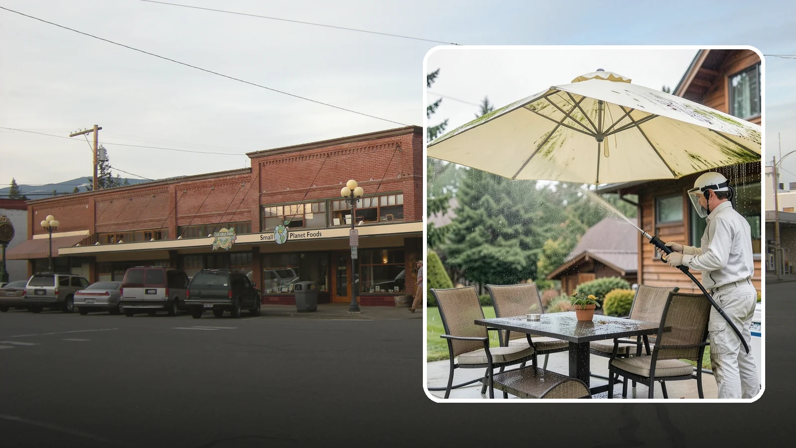 Umbrella Cleaning in Sedro-Woolley, Skagit County, WA - We clean patio umbrella canopies and frames to strip out the moss spotting and bird mess that collect over a long rainy season.