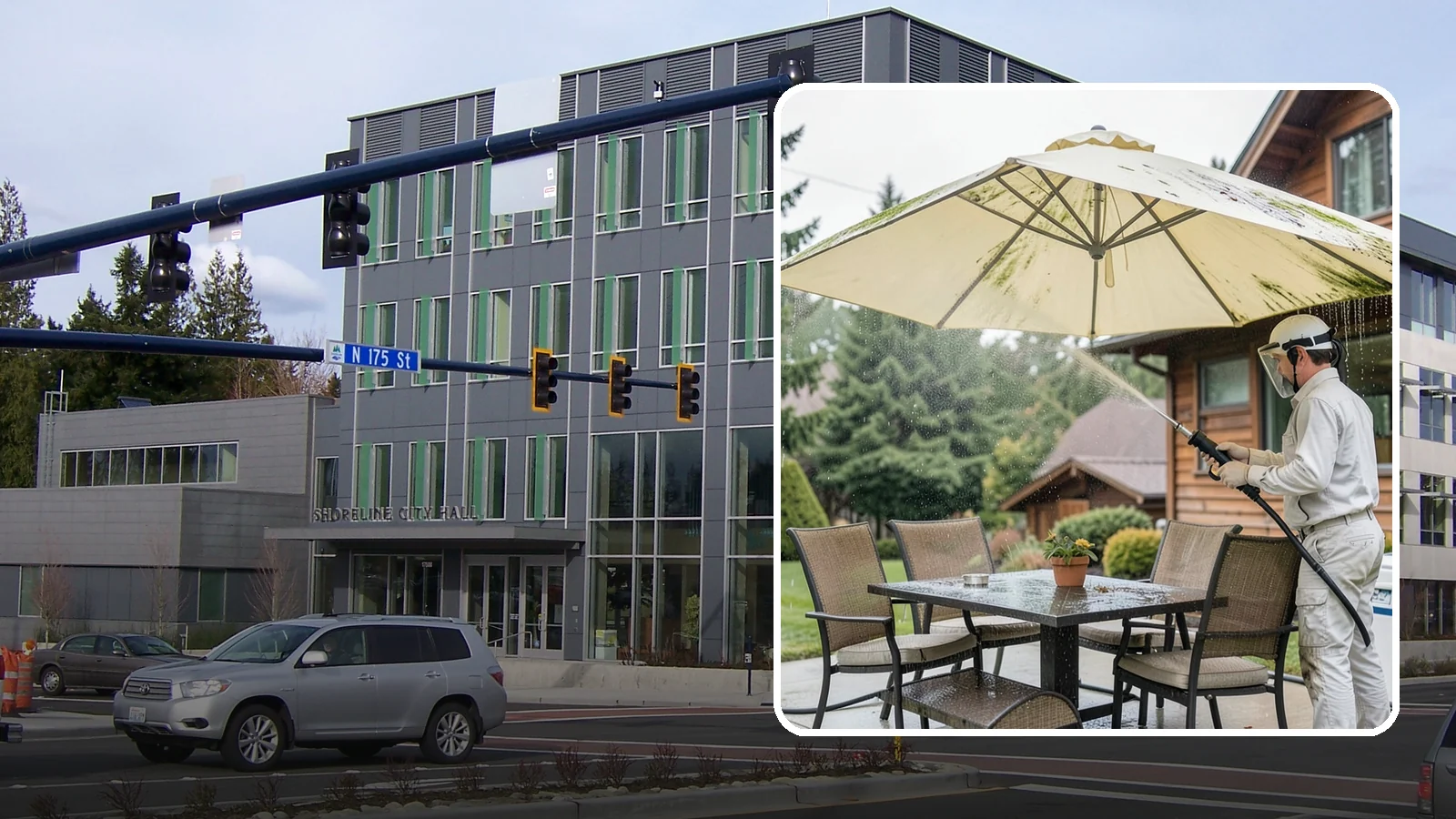 Umbrella Cleaning in Shoreline, King County, WA - We clean patio umbrella canopies and frames to strip out the moss spotting and bird mess that collect over a long rainy season.