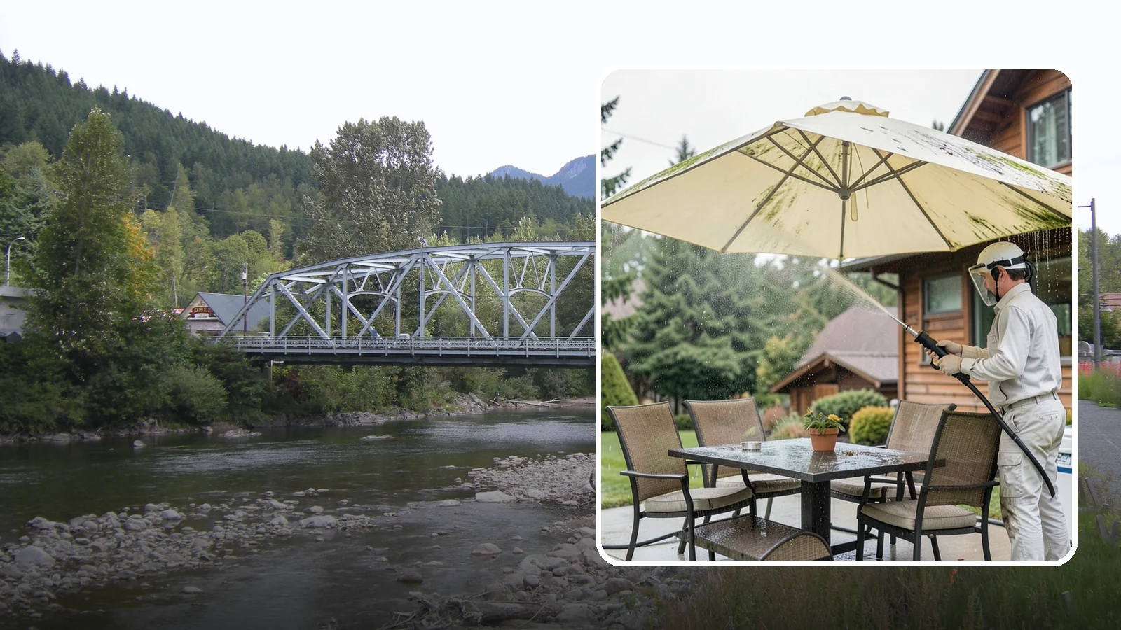 Umbrella Cleaning in Skykomish, King County, WA - We clean patio umbrella canopies and frames to strip out the moss spotting and bird mess that collect over a long rainy season.