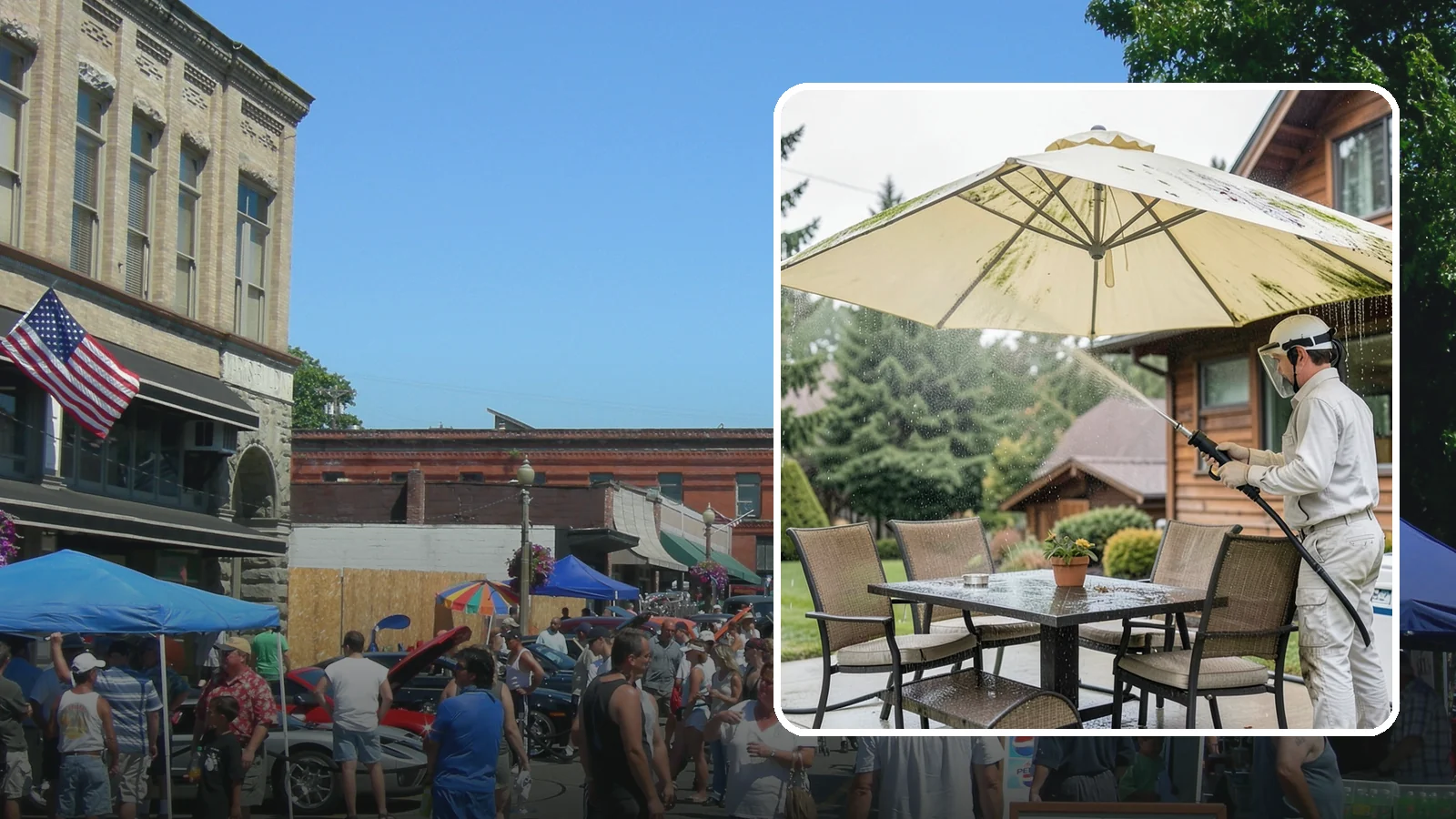 Umbrella Cleaning in Snohomish, Snohomish County, WA - We clean patio umbrella canopies and frames to strip out the moss spotting and bird mess that collect over a long rainy season.