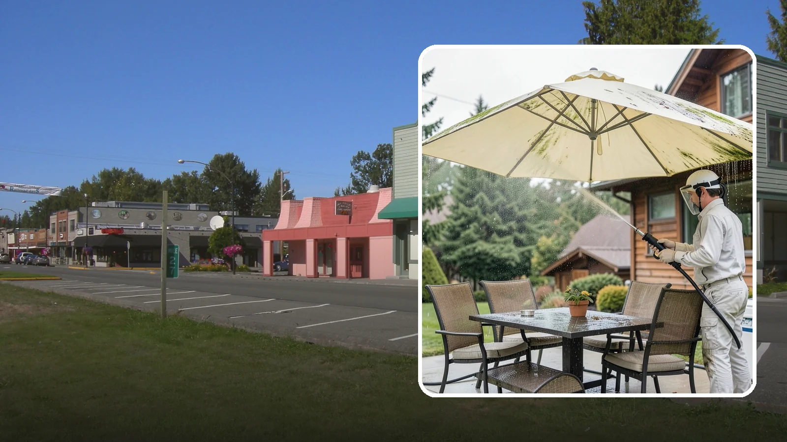 Umbrella Cleaning in Snoqualmie, King County, WA - We clean patio umbrella canopies and frames to strip out the moss spotting and bird mess that collect over a long rainy season.