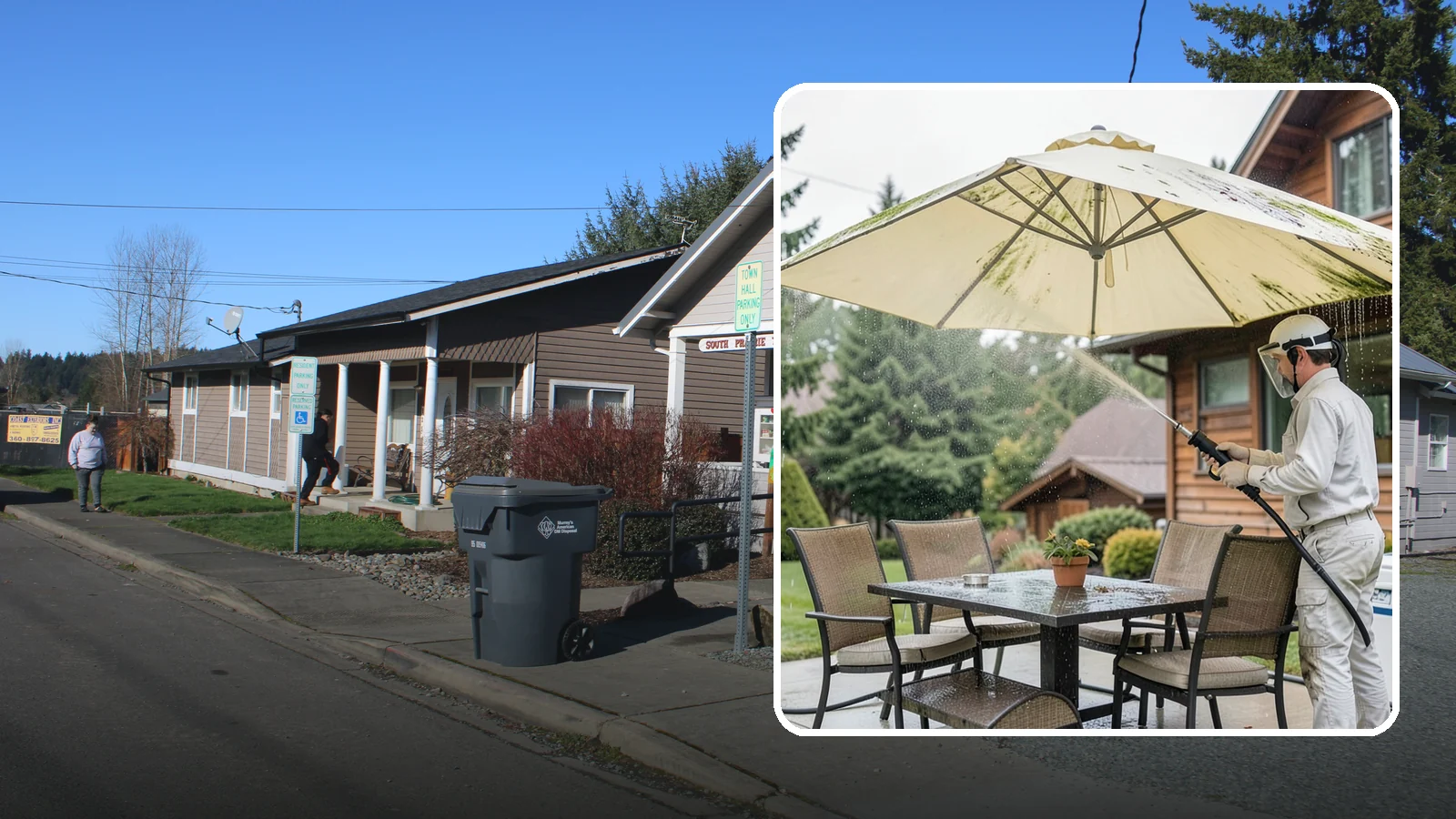 Umbrella Cleaning in South Prairie, Pierce County, WA - We clean patio umbrella canopies and frames to strip out the moss spotting and bird mess that collect over a long rainy season.