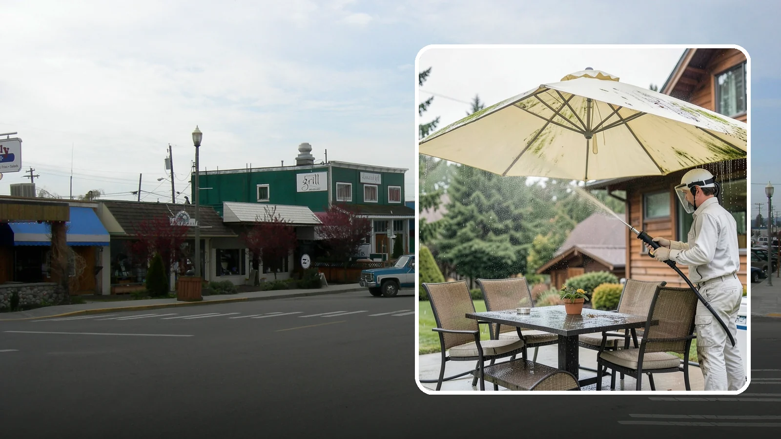 Umbrella Cleaning in Stanwood, Snohomish County, WA - We clean patio umbrella canopies and frames to strip out the moss spotting and bird mess that collect over a long rainy season.