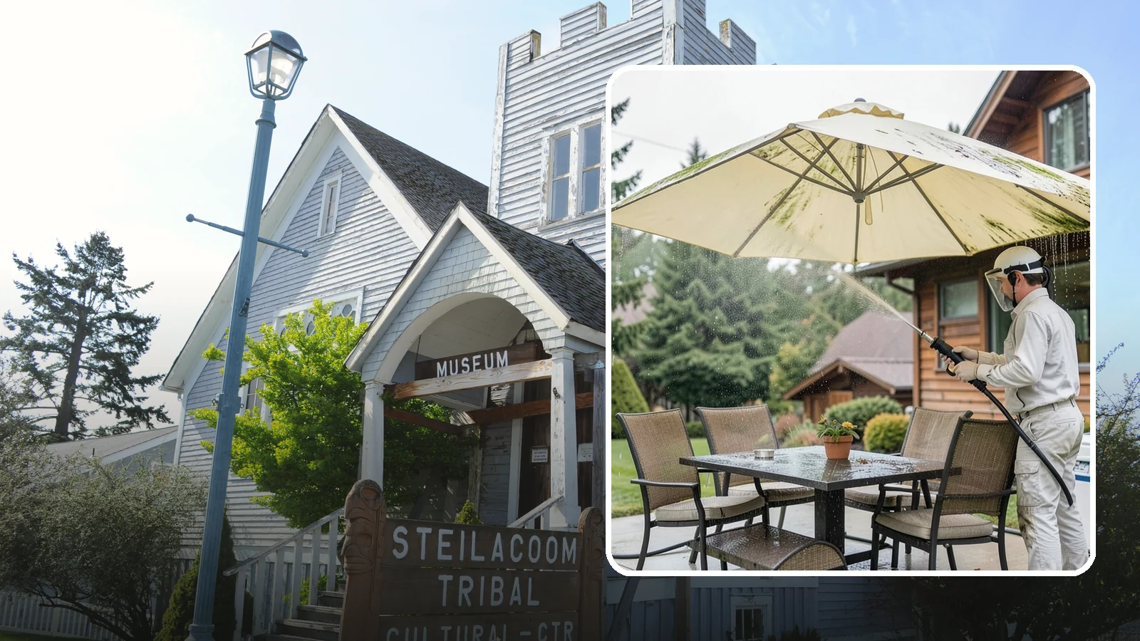 Umbrella Cleaning in Steilacoom, Pierce County, WA - We clean patio umbrella canopies and frames to strip out the moss spotting and bird mess that collect over a long rainy season.