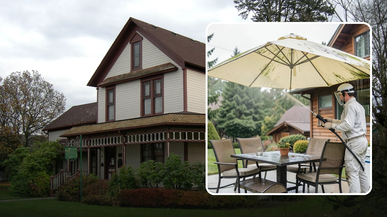 Umbrella Cleaning in Sumner, Pierce County, WA - We clean patio umbrella canopies and frames to strip out the moss spotting and bird mess that collect over a long rainy season.