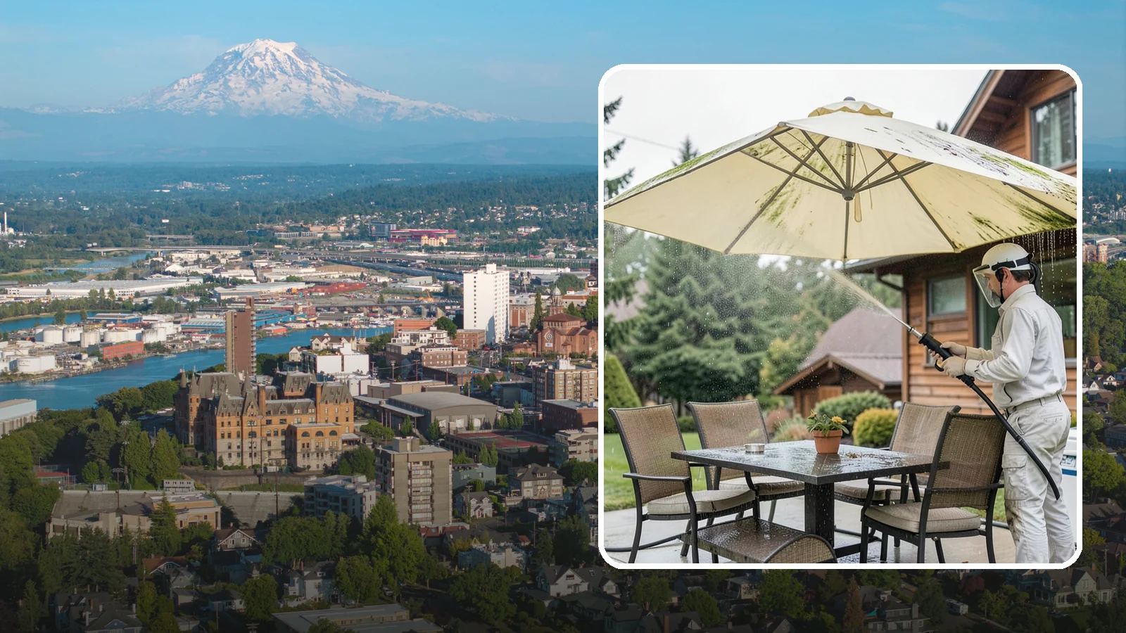 Umbrella Cleaning in Tacoma, Pierce County, WA - We clean patio umbrella canopies and frames to strip out the moss spotting and bird mess that collect over a long rainy season.