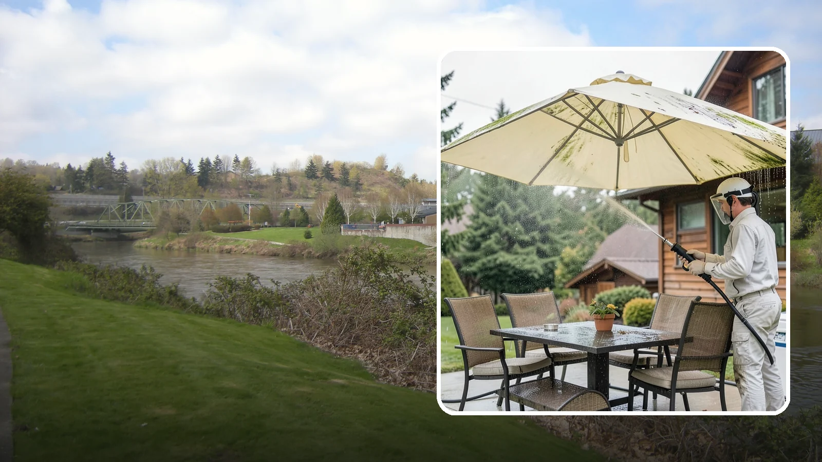 Umbrella Cleaning in Tukwila, King County, WA - We clean patio umbrella canopies and frames to strip out the moss spotting and bird mess that collect over a long rainy season.
