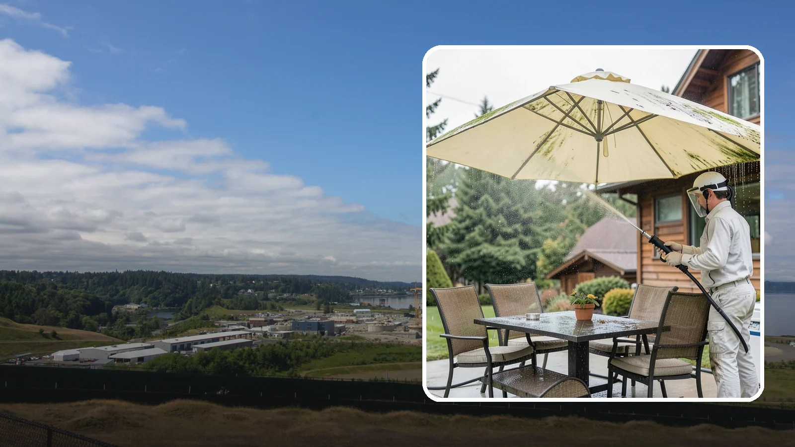 Umbrella Cleaning in University Place, Pierce County, WA - We clean patio umbrella canopies and frames to strip out the moss spotting and bird mess that collect over a long rainy season.