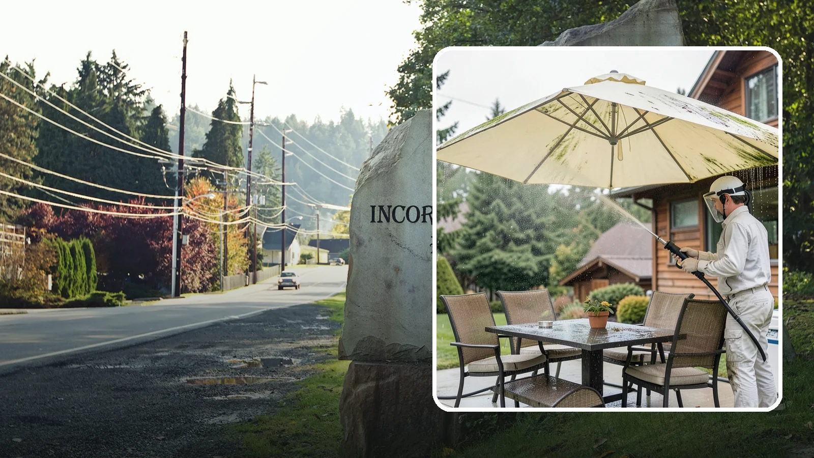 Umbrella Cleaning in Wilkeson, Pierce County, WA - We clean patio umbrella canopies and frames to strip out the moss spotting and bird mess that collect over a long rainy season.