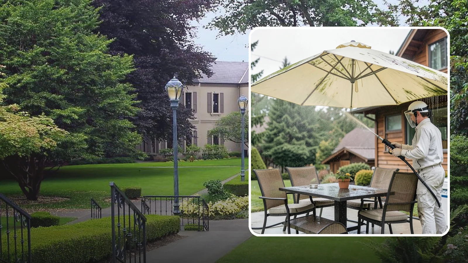Umbrella Cleaning in Woodinville, King County, WA - We clean patio umbrella canopies and frames to strip out the moss spotting and bird mess that collect over a long rainy season.