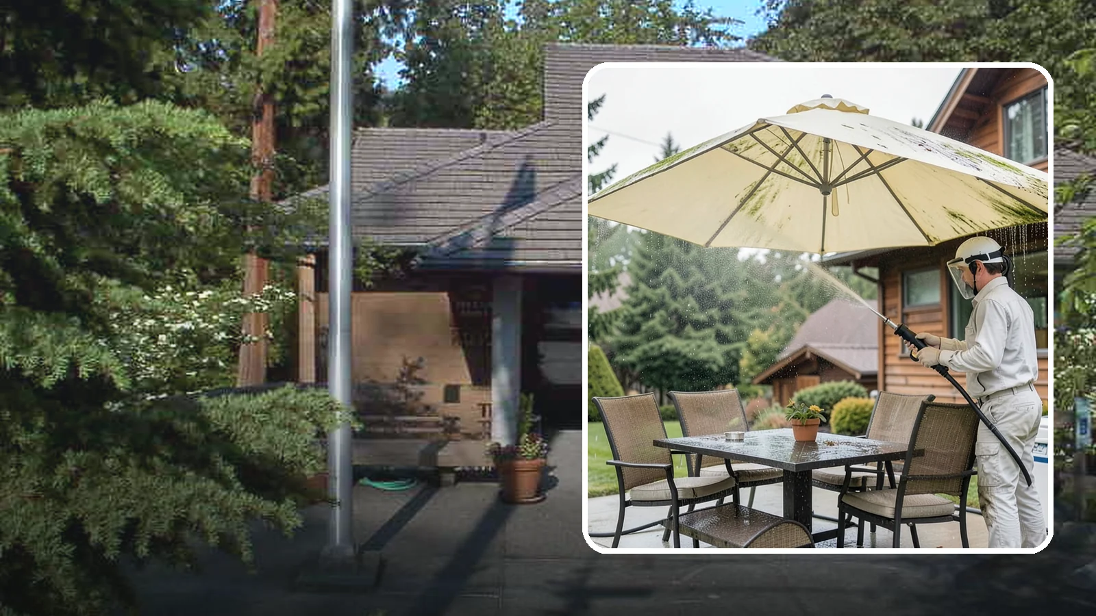 Umbrella Cleaning in Yarrow Point, King County, WA - We clean patio umbrella canopies and frames to strip out the moss spotting and bird mess that collect over a long rainy season.