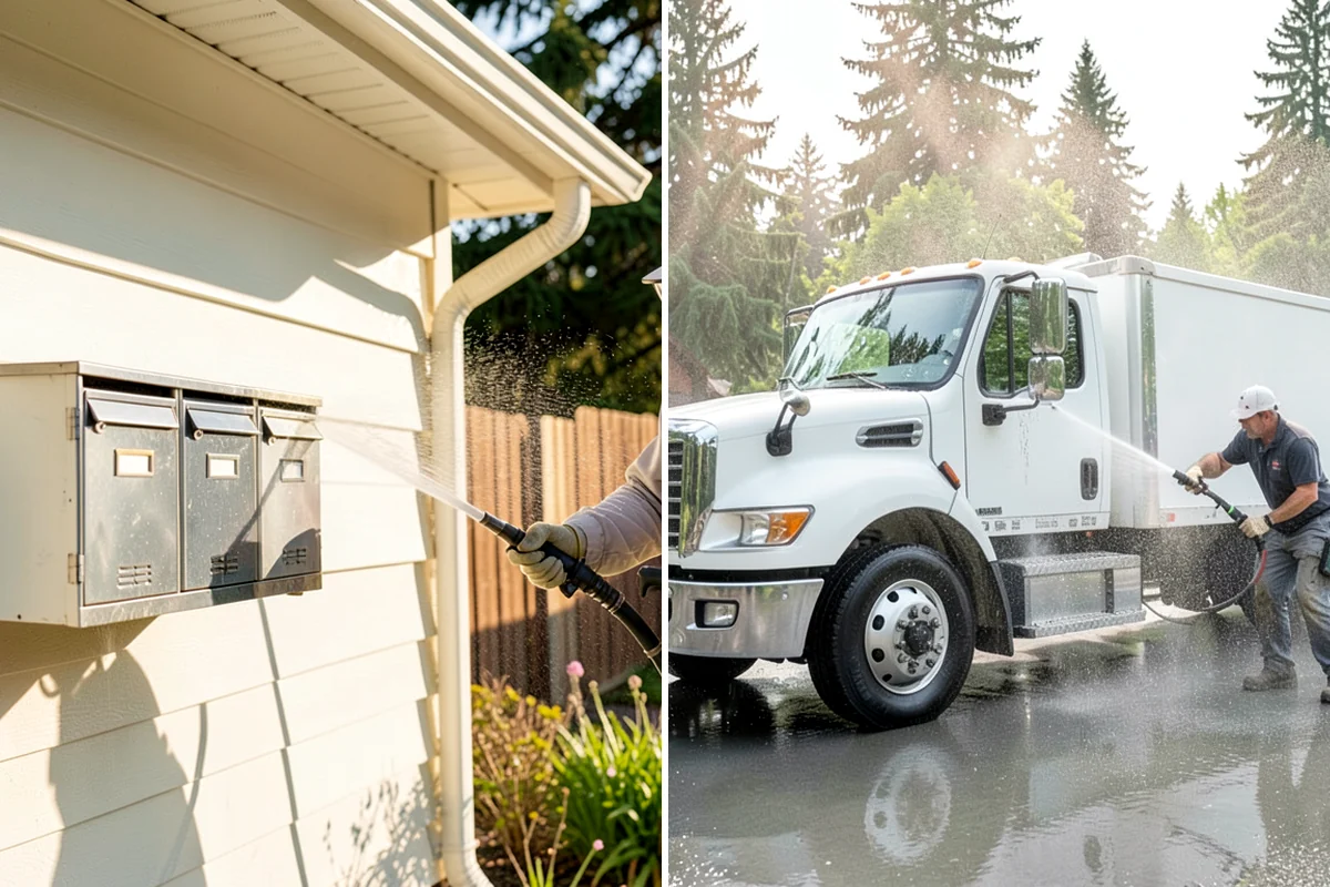 Vinyl Fence Cleaning in Arlington, Snohomish County, WA - Rinse loose debris from panels and post caps