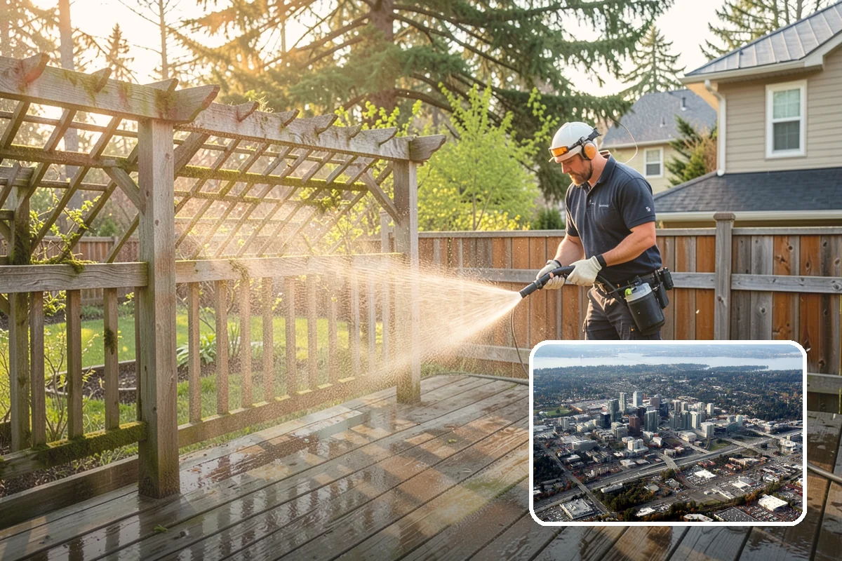 Vinyl Fence Cleaning in Bellevue, King County, WA - Strips the green algae layer that clings to non-porous vinyl