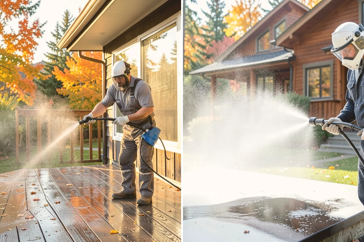 Vinyl Fence Cleaning in Bellevue, King County, WA - Rinse loose debris from panels and post caps