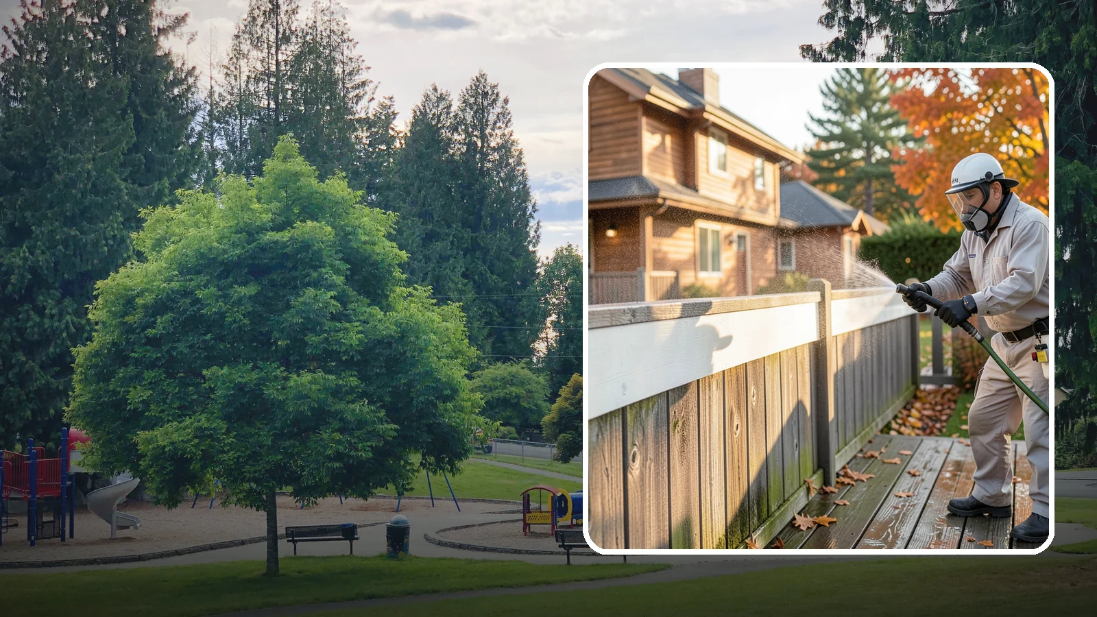 Vinyl Fence Cleaning in Bonney Lake, Pierce County, WA - A soft-wash treatment that erases the green algae mask vinyl fencing collects in our wet, low-sun months.