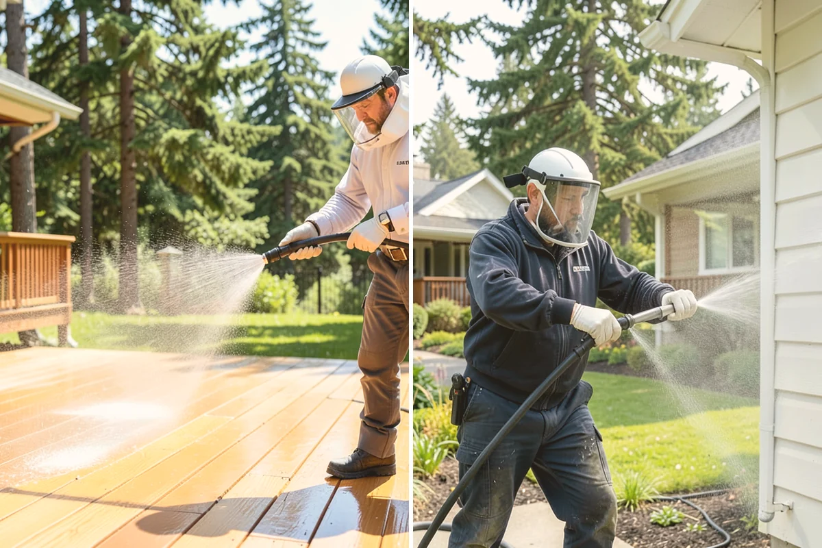 Vinyl Fence Cleaning in Bothell, King County, WA - Rinse loose debris from panels and post caps