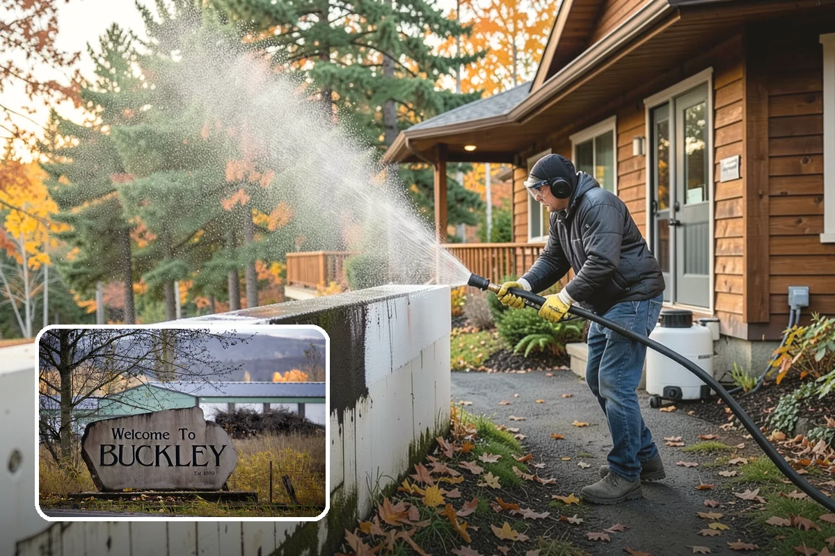 Vinyl Fence Cleaning in Buckley, Pierce County, WA - Strips the green algae layer that clings to non-porous vinyl