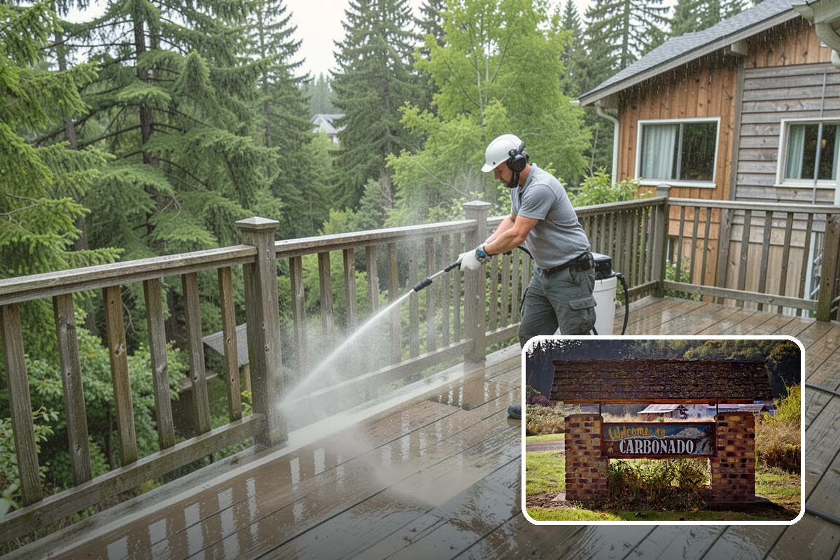 Vinyl Fence Cleaning in Carbonado, Pierce County, WA - Strips the green algae layer that clings to non-porous vinyl
