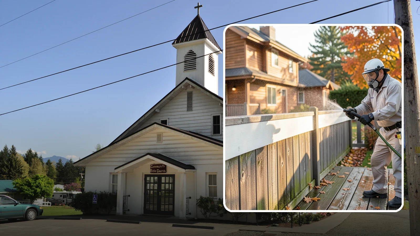 Vinyl Fence Cleaning in Concrete, Skagit County, WA - A soft-wash treatment that erases the green algae mask vinyl fencing collects in our wet, low-sun months.