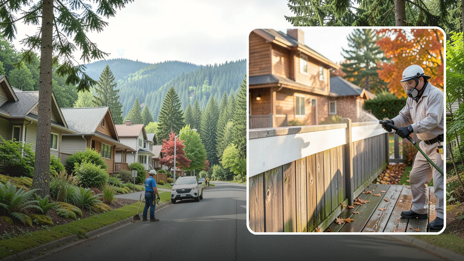 Vinyl Fence Cleaning in Darrington, Snohomish County, WA - A soft-wash treatment that erases the green algae mask vinyl fencing collects in our wet, low-sun months.