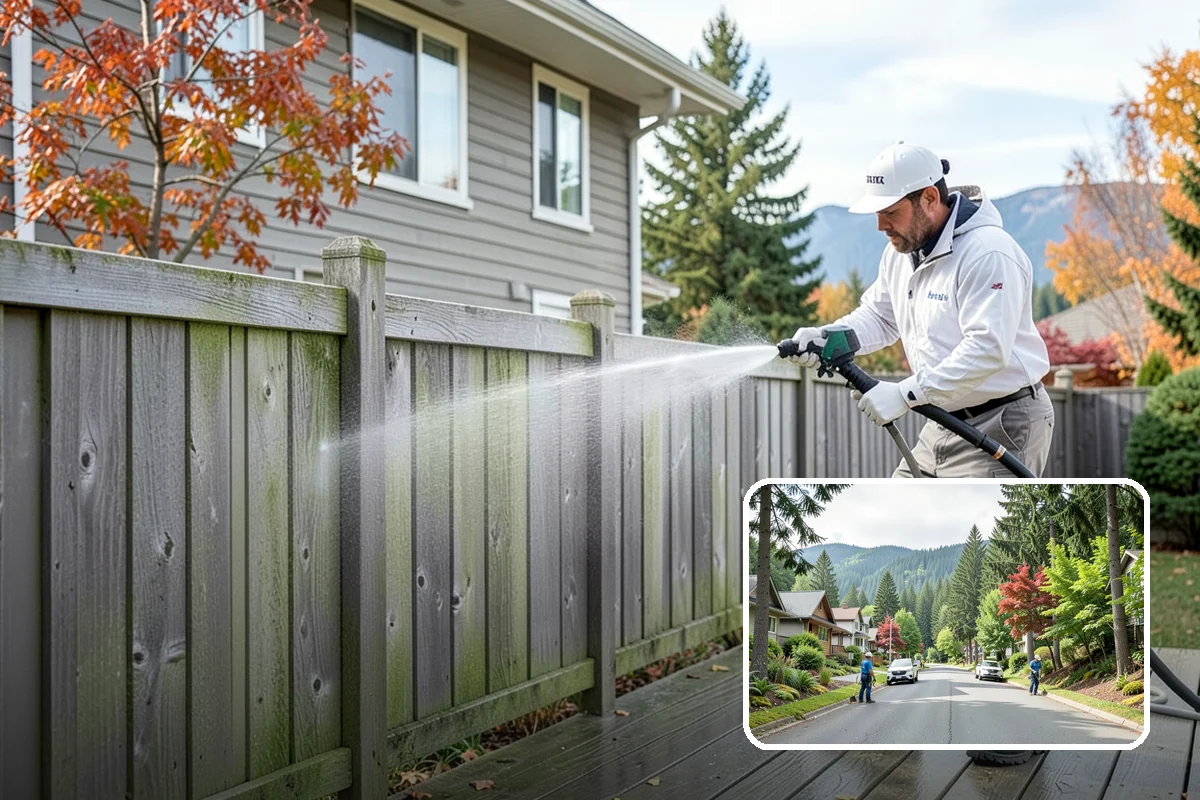 Vinyl Fence Cleaning in Darrington, Snohomish County, WA - Strips the green algae layer that clings to non-porous vinyl