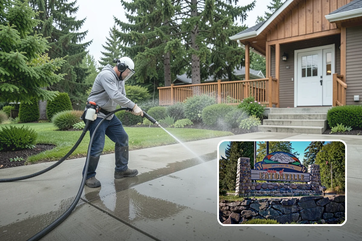Vinyl Fence Cleaning in Eatonville, Pierce County, WA - Strips the green algae layer that clings to non-porous vinyl