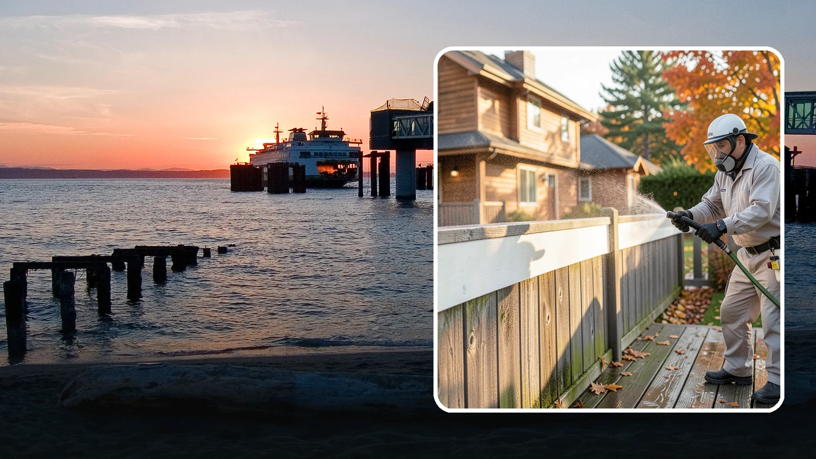 Vinyl Fence Cleaning in Edmonds, Snohomish County, WA - A soft-wash treatment that erases the green algae mask vinyl fencing collects in our wet, low-sun months.