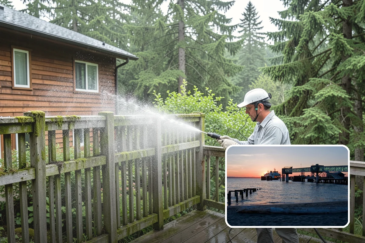 Vinyl Fence Cleaning in Edmonds, Snohomish County, WA - Strips the green algae layer that clings to non-porous vinyl