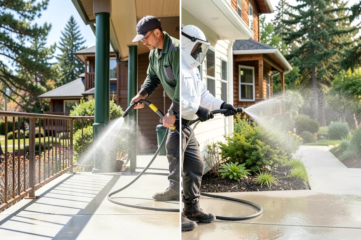 Vinyl Fence Cleaning in Federal Way, King County, WA - Rinse loose debris from panels and post caps