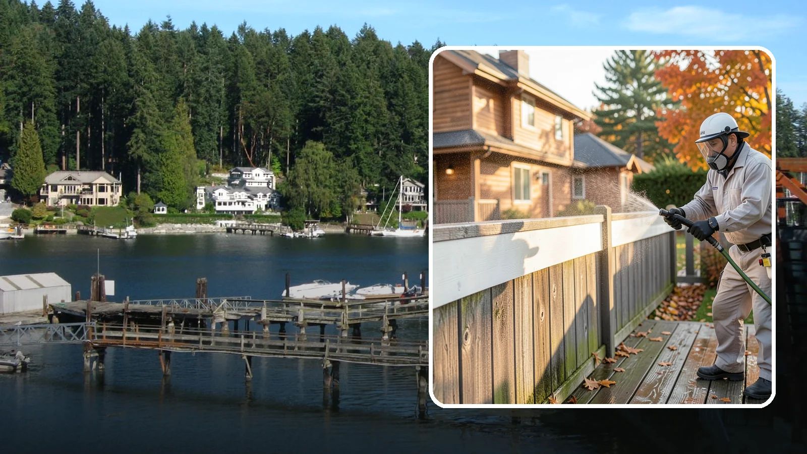 Vinyl Fence Cleaning in Gig Harbor, Pierce County, WA - A soft-wash treatment that erases the green algae mask vinyl fencing collects in our wet, low-sun months.