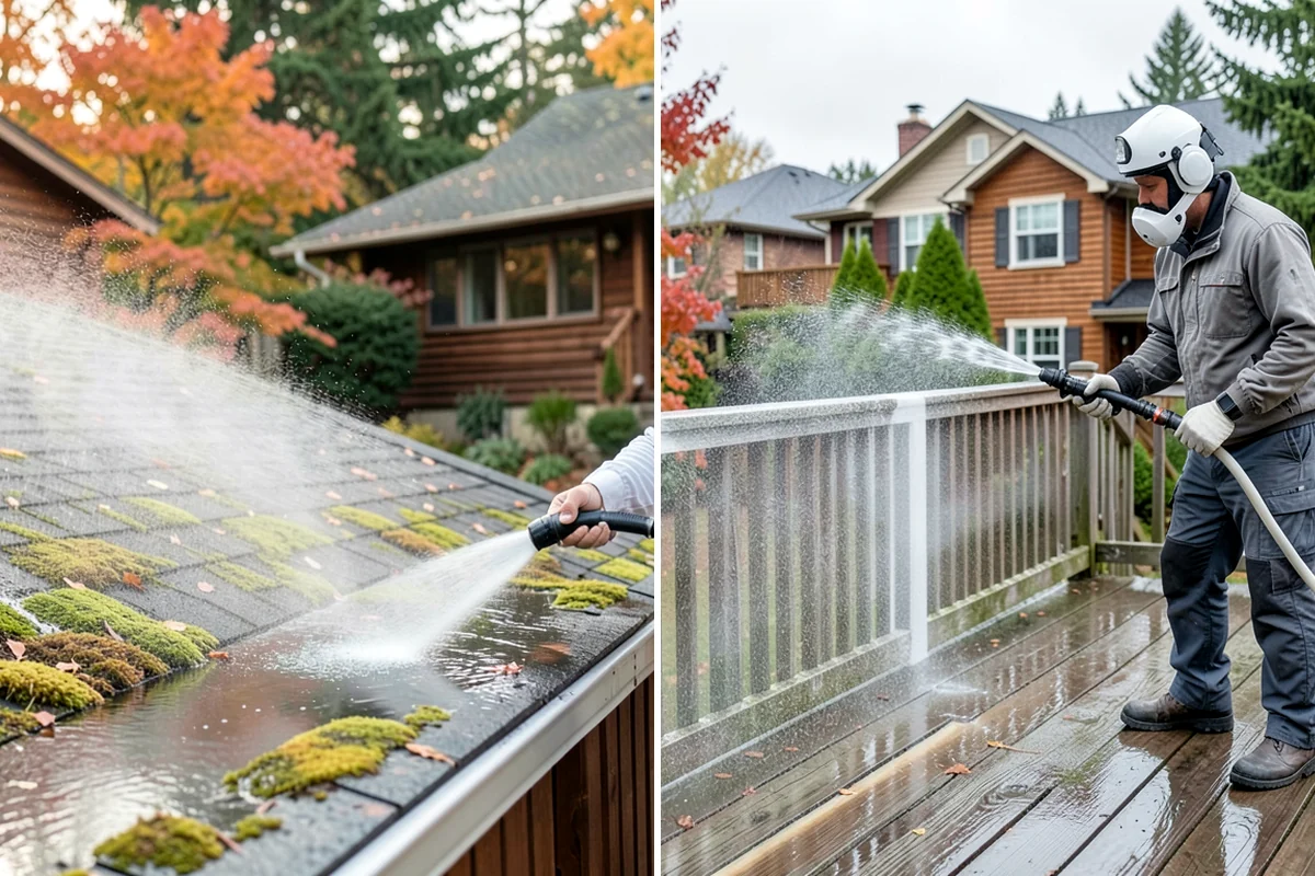 Vinyl Fence Cleaning in Hunts Point, King County, WA - Rinse loose debris from panels and post caps