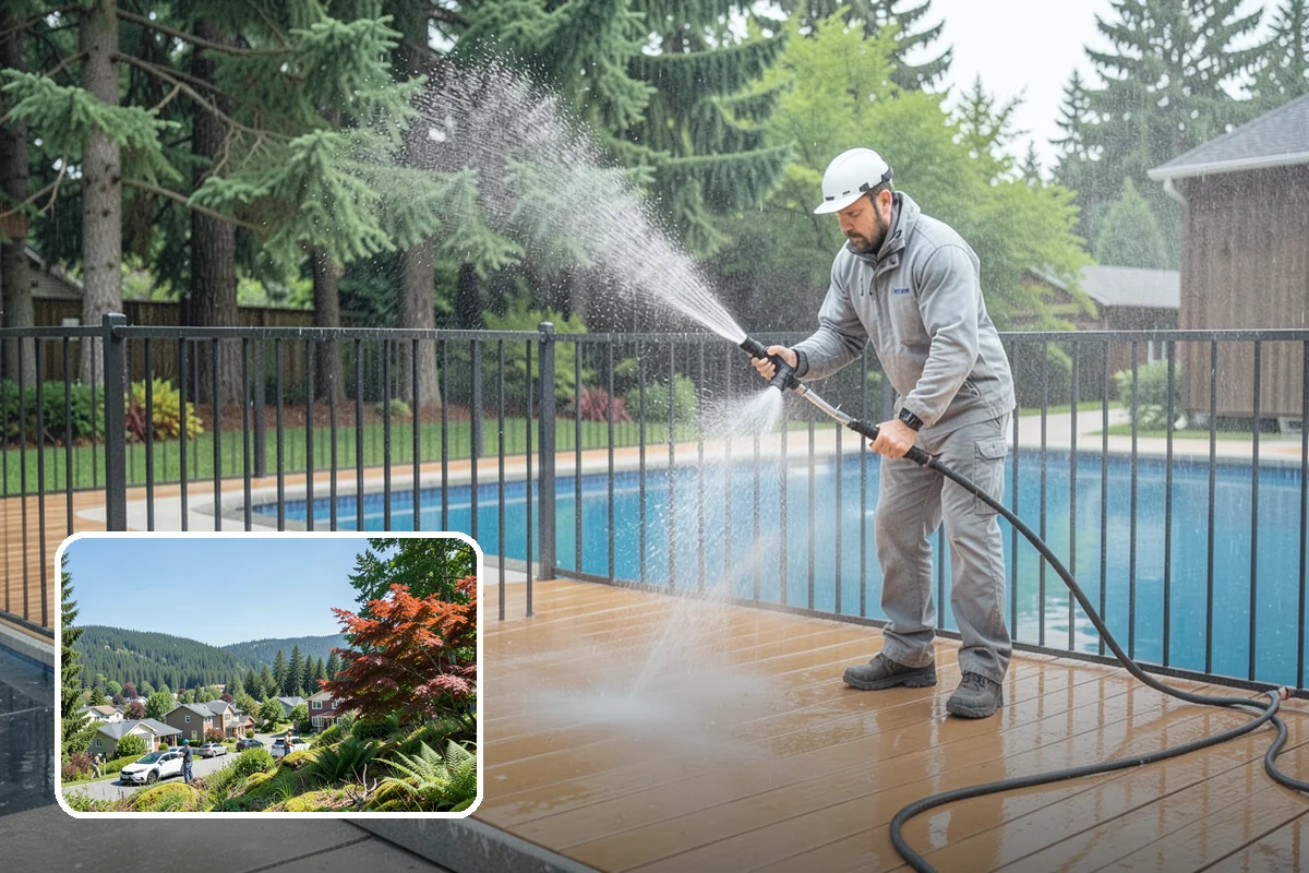 Vinyl Fence Cleaning in Index, Snohomish County, WA - Strips the green algae layer that clings to non-porous vinyl