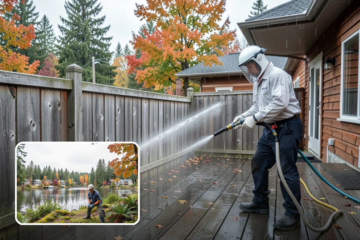 Vinyl Fence Cleaning in La Conner, Skagit County, WA - Strips the green algae layer that clings to non-porous vinyl