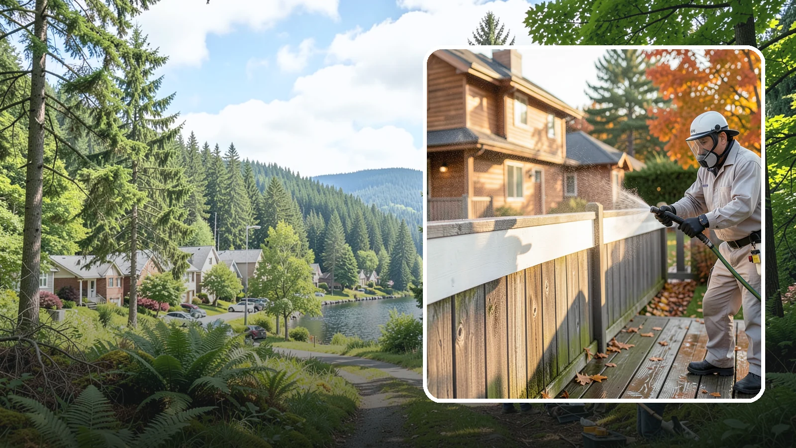 Vinyl Fence Cleaning in Lake Forest Park, King County, WA - A soft-wash treatment that erases the green algae mask vinyl fencing collects in our wet, low-sun months.
