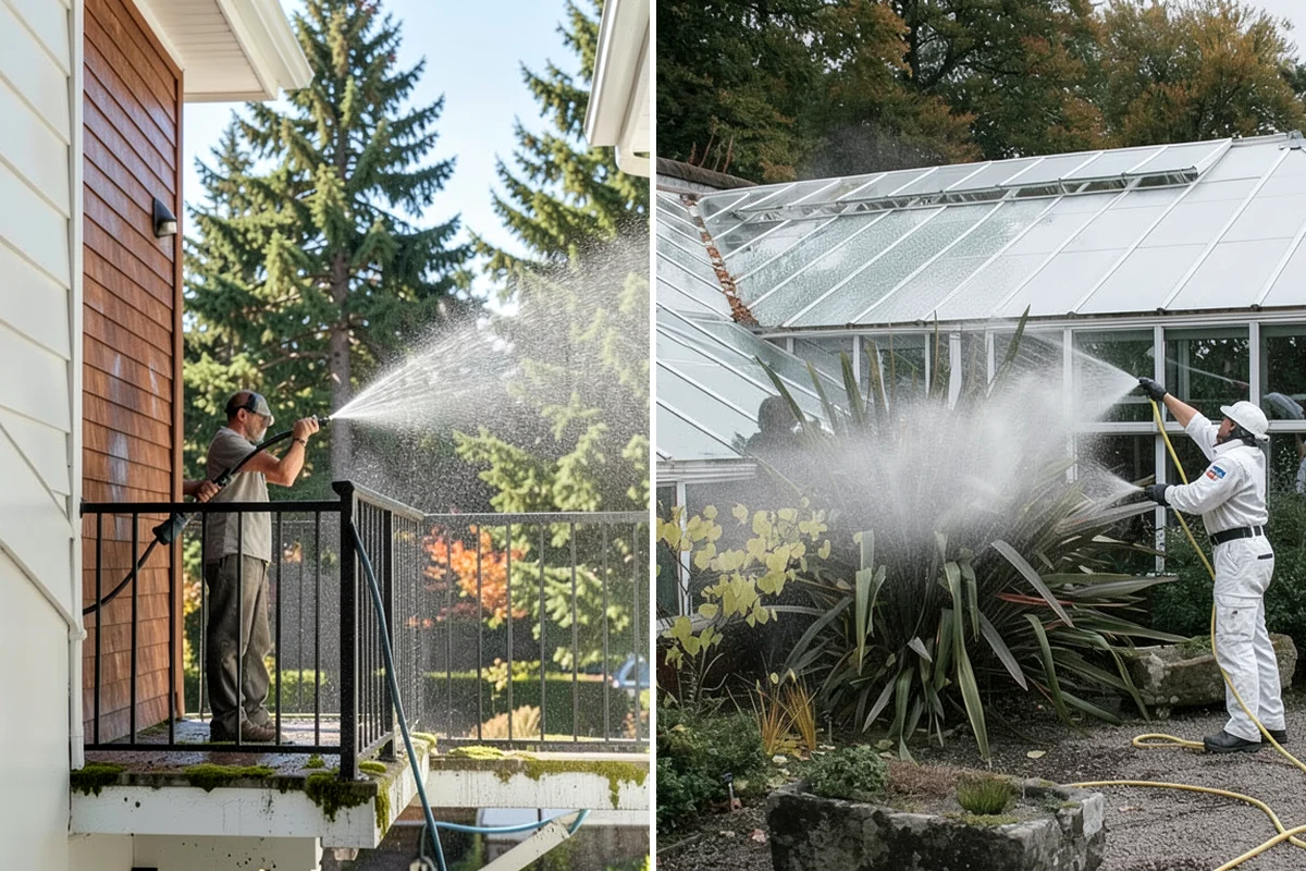 Vinyl Fence Cleaning in Lake Forest Park, King County, WA - Rinse loose debris from panels and post caps