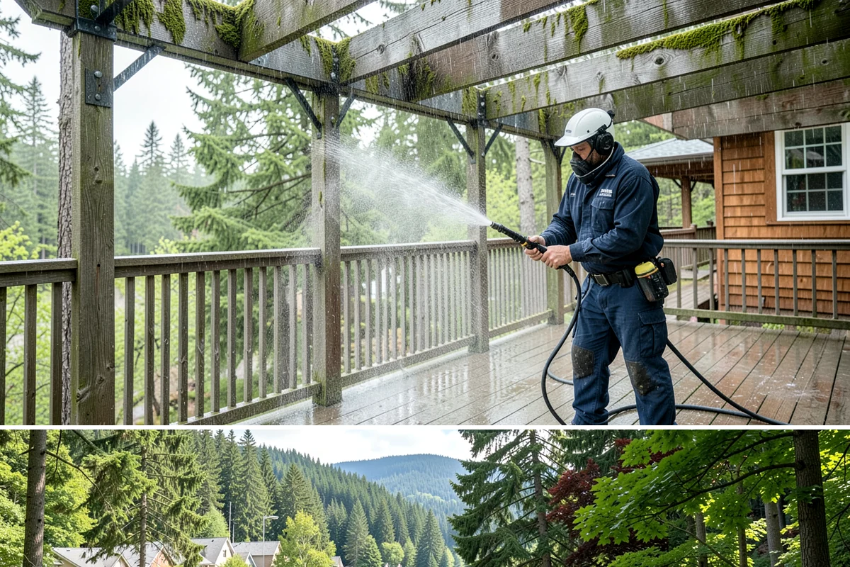Vinyl Fence Cleaning in Lake Forest Park, King County, WA - Spring is a popular time to clear the winter's algae buildup and reset the fence for the season.