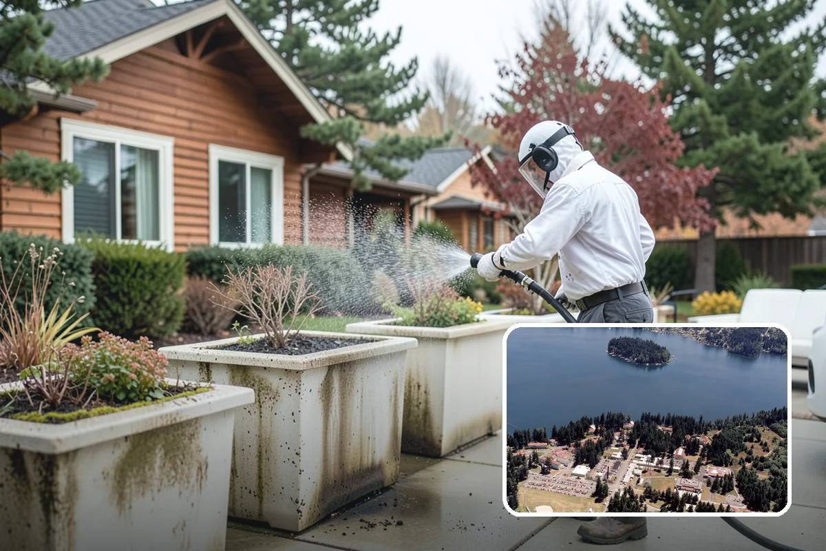 Vinyl Fence Cleaning in Lakewood, Pierce County, WA - Strips the green algae layer that clings to non-porous vinyl