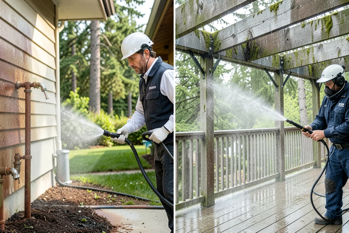 Vinyl Fence Cleaning in Lakewood, Pierce County, WA - Rinse loose debris from panels and post caps