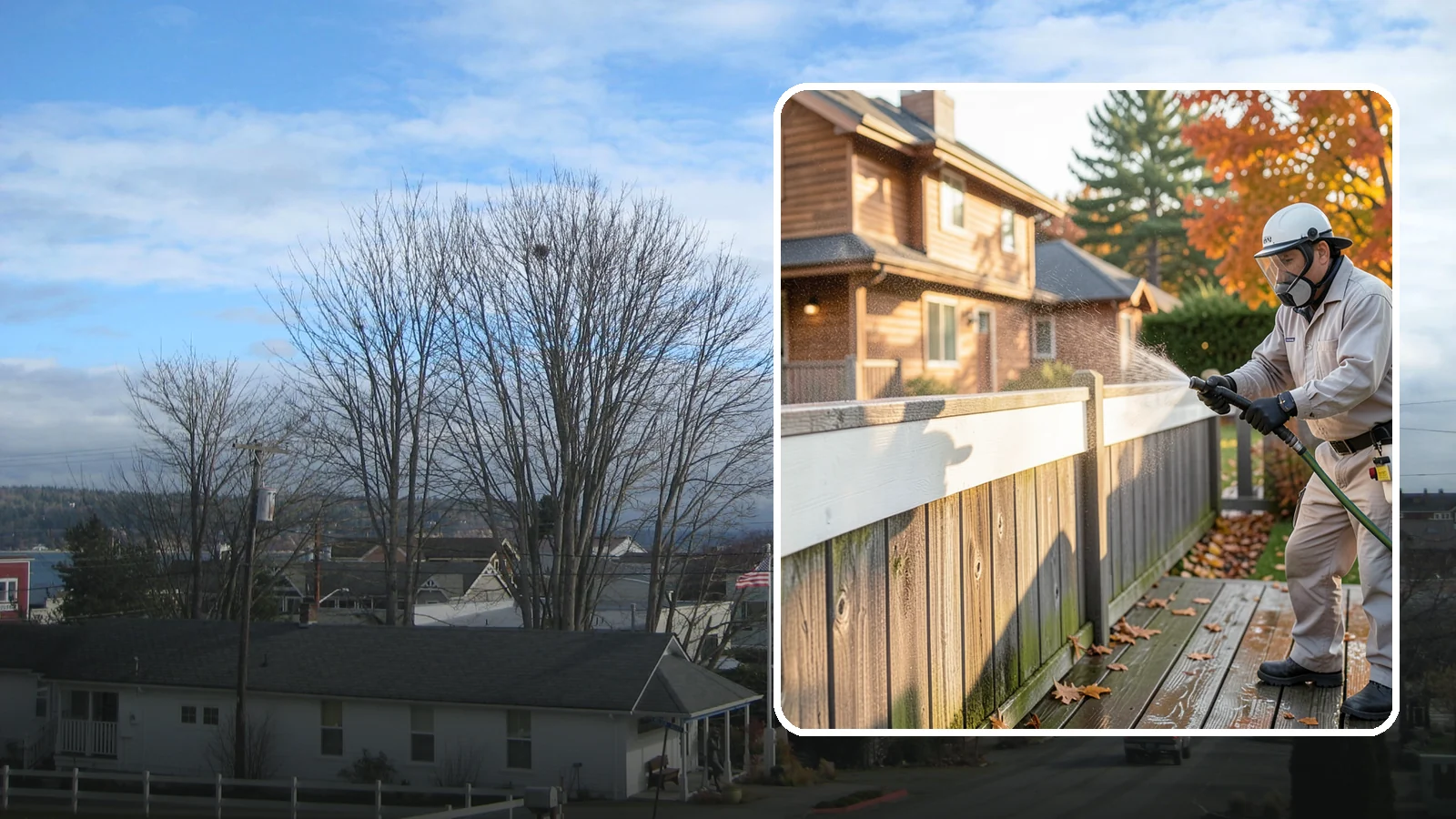 Vinyl Fence Cleaning in Langley, Island County, WA - A soft-wash treatment that erases the green algae mask vinyl fencing collects in our wet, low-sun months.