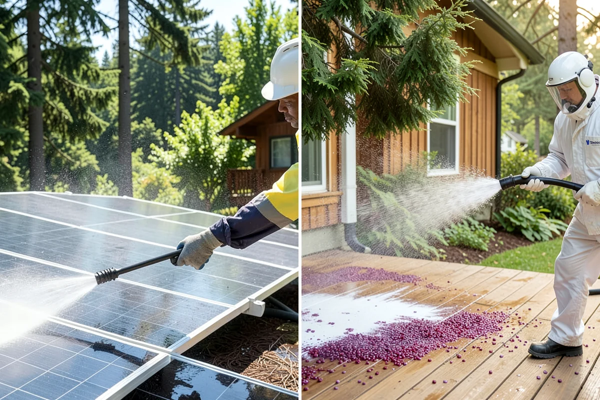 Vinyl Fence Cleaning in Lyman, Skagit County, WA - Rinse loose debris from panels and post caps