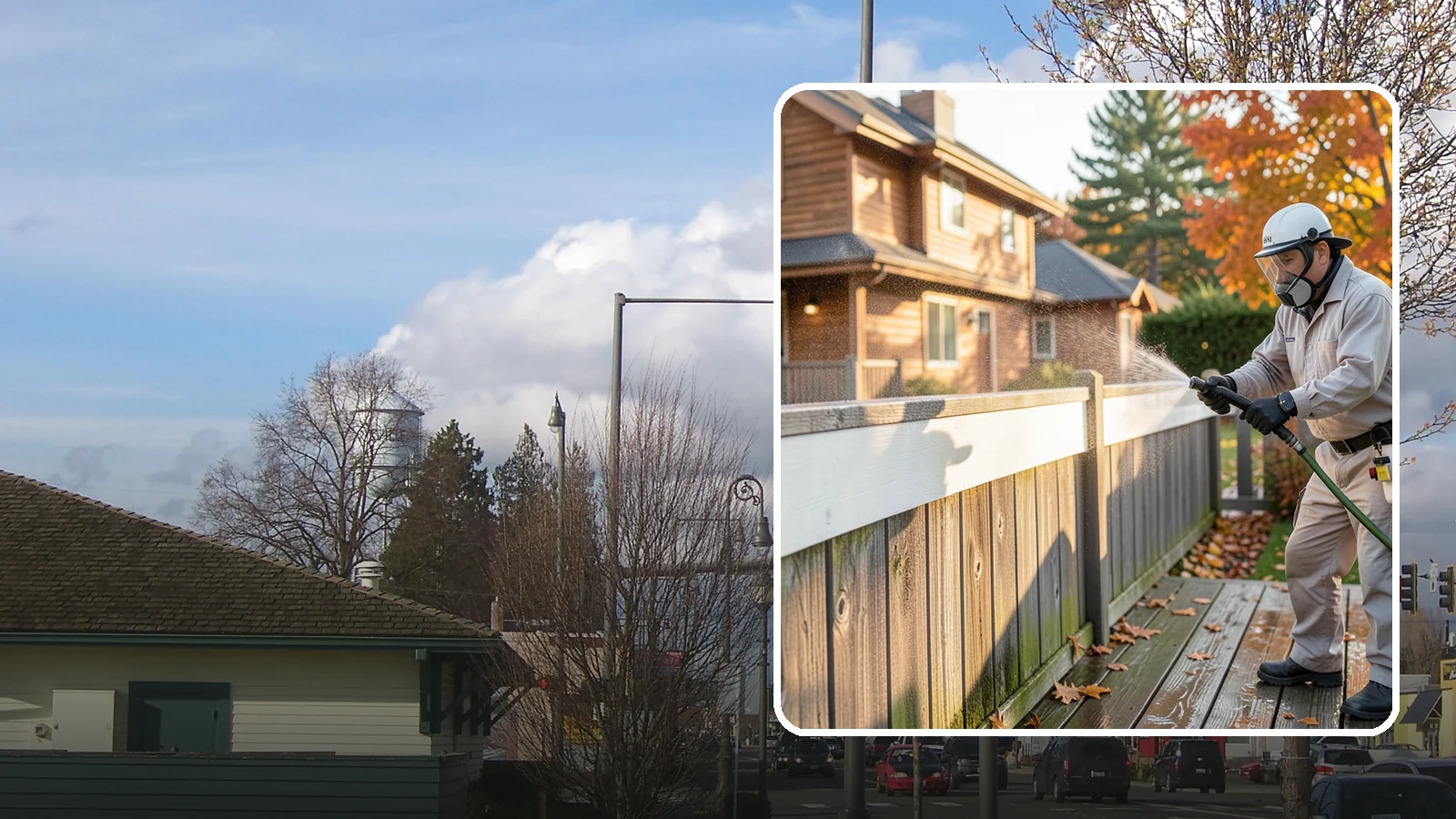 Vinyl Fence Cleaning in Marysville, Snohomish County, WA - A soft-wash treatment that erases the green algae mask vinyl fencing collects in our wet, low-sun months.