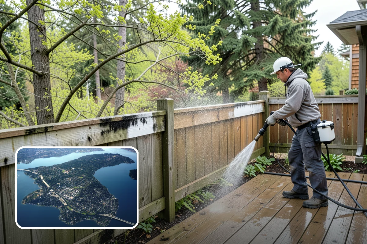Vinyl Fence Cleaning in Mercer Island, King County, WA - Strips the green algae layer that clings to non-porous vinyl