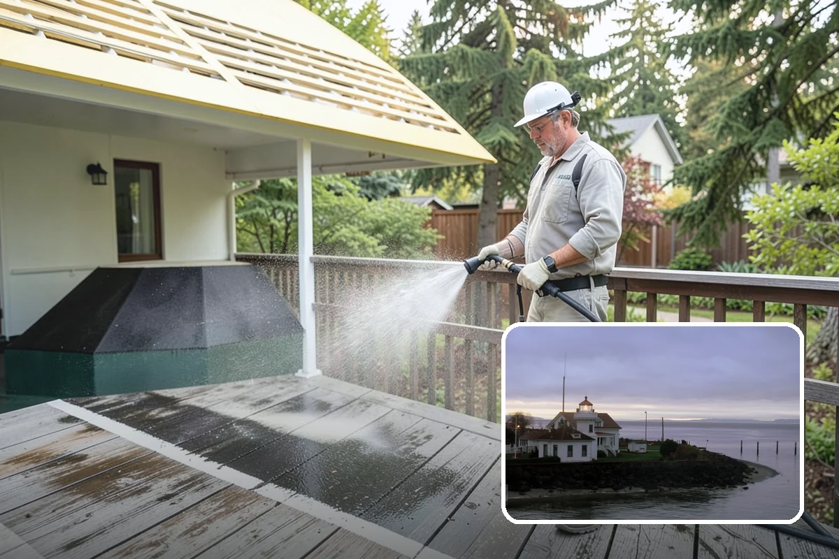 Vinyl Fence Cleaning in Mukilteo, Snohomish County, WA - Strips the green algae layer that clings to non-porous vinyl