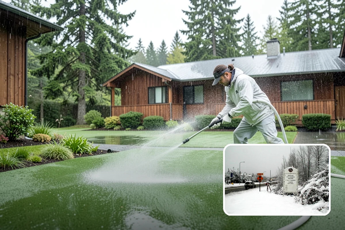 Vinyl Fence Cleaning in Newcastle, King County, WA - Strips the green algae layer that clings to non-porous vinyl