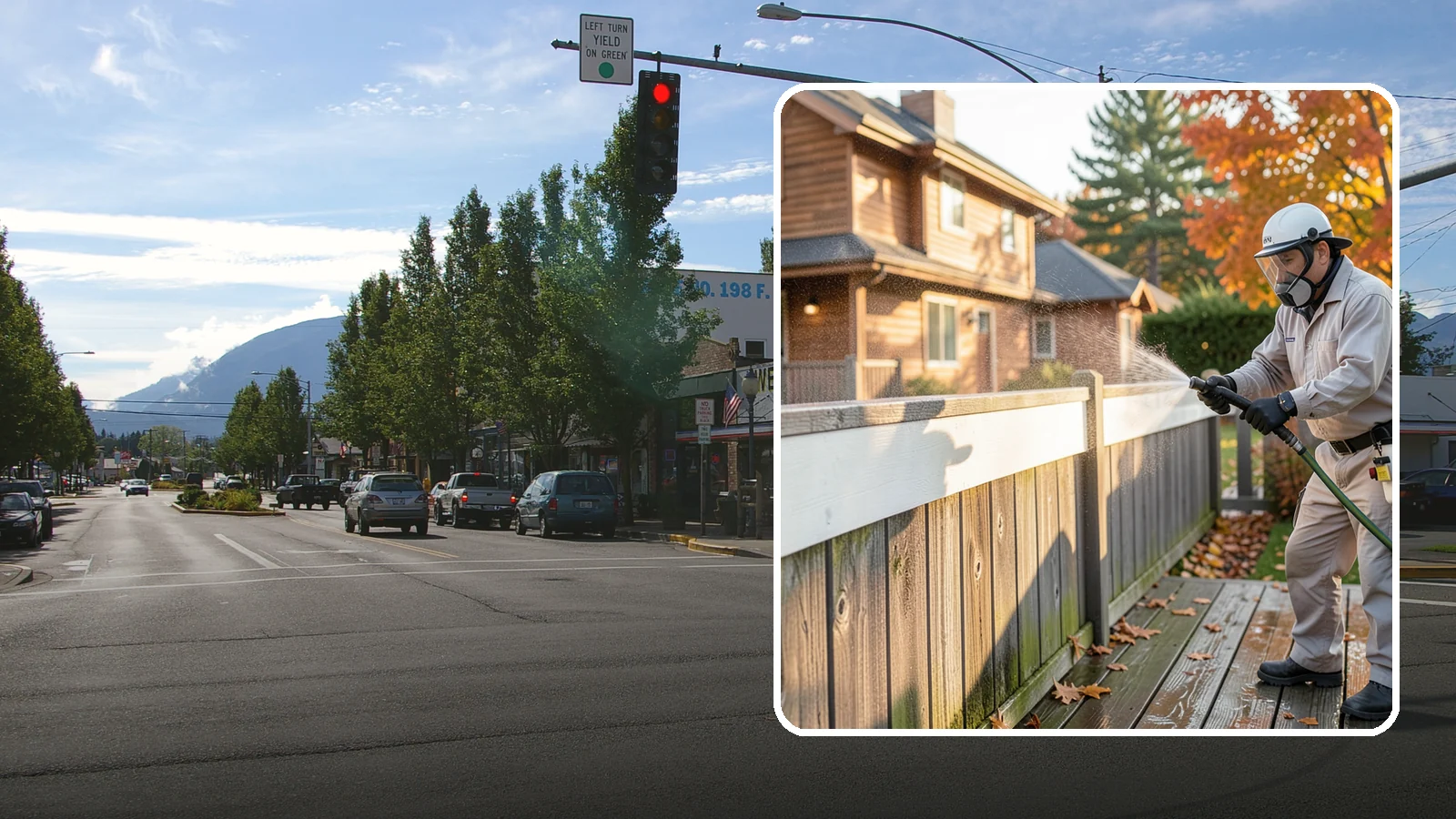 Vinyl Fence Cleaning in North Bend, King County, WA - A soft-wash treatment that erases the green algae mask vinyl fencing collects in our wet, low-sun months.
