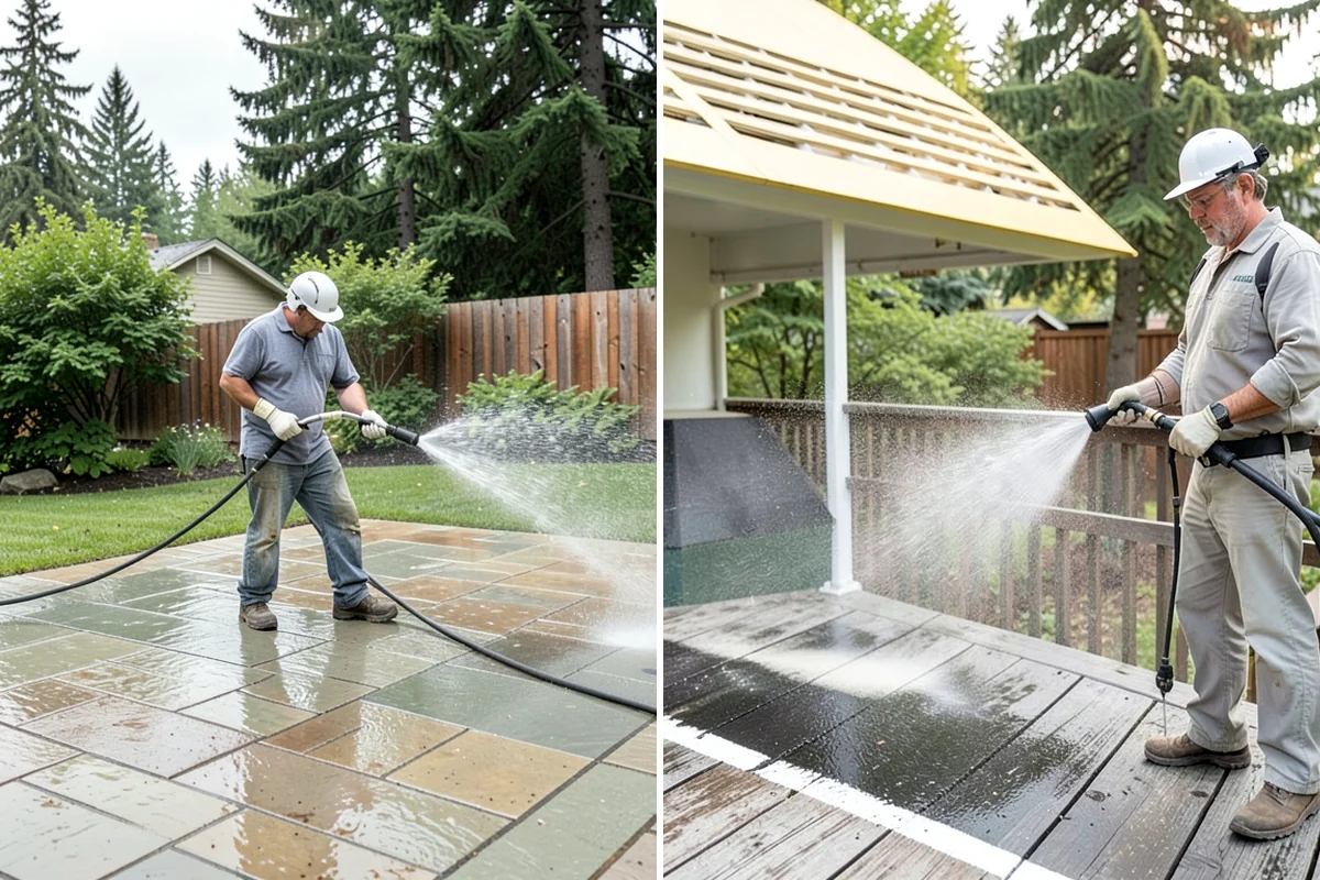 Vinyl Fence Cleaning in SeaTac, King County, WA - Rinse loose debris from panels and post caps